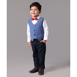 Babyhug 3 Pieces Full Sleeves Party Suit With Bow - Light Blue Black White