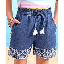 Babyhug Mid Thigh Embroidery Denim Washed Shorts - Blue