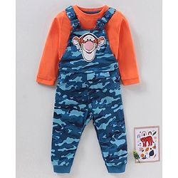 Babyhug Full Sleeves Cotton Tee With Dungaree Camo Print & Tiger Applique- Orange Blue