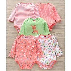 Babyhug 100% Cotton Full Sleeves Onesies Multi Print Pack of 5 - Multicolour