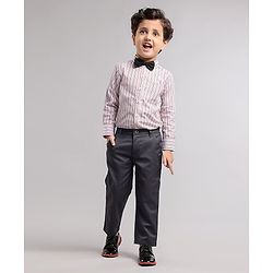 Babyhug Full Sleeves Striped Shirt & Trouser Set with Bow - Grey Navy