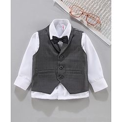 Babyhug Full Sleeves Checked Party Shirt with Bow and Waistcoat - White Grey