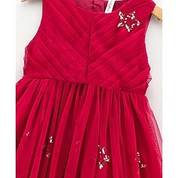 Babyhug Sleeveless Sequined Star and Flower Applique Party Wear Frock - Cherry Red