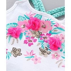 Babyhug Singlet Neck Top & Shorts Set Floral Print & Bow Applique - White Green