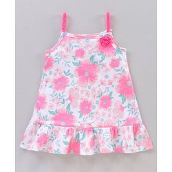 Babyhug 100%Cotton Singlet Frock Floral Print & Applique - Off White Light Pink