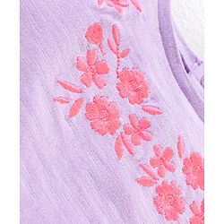 Babyhug Sleeveless Cotton T-Shirt With Foral Embroidery And Front Pockets - Purple