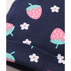 Babyhug 100% Cotton Cap Mittens & Booties Set Strawberry Print Navy Blue - Cap Diameter 11 cm