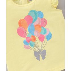 Babyhug Frill Sleeves Knit Top & Denim Shorts Set Glittered Balloons & Bow Print - Yellow Blue