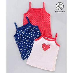 Babyhug Sleeveless Cotton Antibacterial Slips Dot Floral And Heart Print Pack Of 3 - Blue White Pink