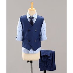 Babyhug Full Sleeves Party Suit Boat Print With Tie - Blue Grey