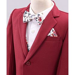 Babyhug Full Sleeves Party Wear Suit with Waistcoat & Bow - Red