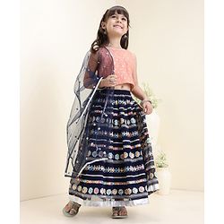 Babyhug Sleeveless Embroidered Choli & Flared Lehenga with Dupatta - Peach Navy