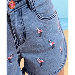 Babyhug Denim Shorts Flamingo Embroidery - Blue
