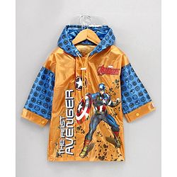 Babyhug Full Sleeves Hooded Raincoat Marvel Avengers Print - Blue Yellow