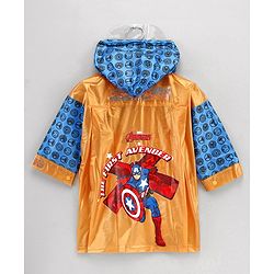 Babyhug Full Sleeves Hooded Raincoat Marvel Avengers Print - Blue Yellow