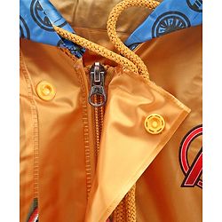 Babyhug Full Sleeves Hooded Raincoat Marvel Avengers Print - Blue Yellow