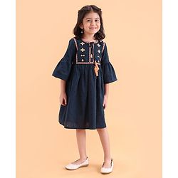 Babyhug Woven Three Fourth Embroidered Ethnic Dress - Navy