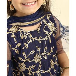 Babyhug Bell Sleeves Kurti & Churidar Set With Dupatta Embroidered Ethnic Design - Navy