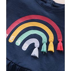 Babyhug Puff Sleeves Cotton Knit Rainbow Print Top with Frill & Tassel Detailing- Navy Blue