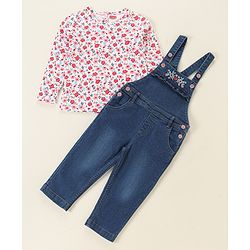 Babyhug Denim Floral Embroidery Dungaree with Cotton Full Sleeves Floral Print Top -