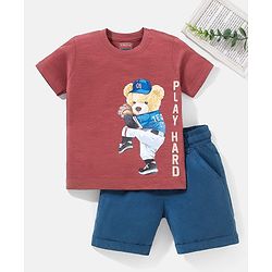 Babyhug 100% Cotton Knit Half Sleeves T-Shirt & Short Set Play Print - Brown & Blue