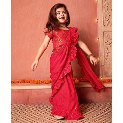 Babyhug Short Sleeves Blouse & Sequinned Ruffle Saree Set - Red