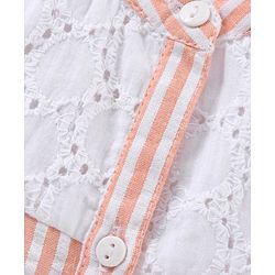 Babyhug Full Sleeves Seer-Sucker Striped Poly-Cotton Top With Shiffli & Frill Detailing- Peach