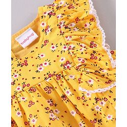 Babyhug Frill Sleeves Rayon Top With Floral Print & Embroidery Detailing- Mustard