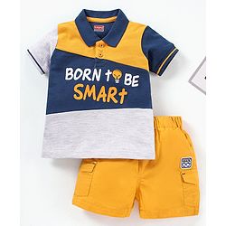 Babyhug Cotton Half Sleeves T-Shirt & Shorts Set Text Print With Patch- Multicolor Yellow