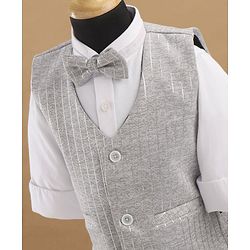Babyhug Full Sleeves Striped Party Suit With Bow - Grey