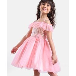 Babyhug Mesh Sleeveless Sequinned Frock - Pink