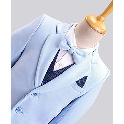 Babyhug Full Sleeves Party Wear Suit with Waistcoat & Bow - Blue