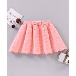 Babyhug Mid Thigh Length Knit Skirt With Schiffli Detailing & Bow Applique- Pink