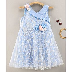 Babyhug Sleeveless Party Wear Dress Floral Appliques - Frozen Blue