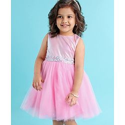 Babyhug Sleeveless Party Wear Frock Sequinned & Foil Print - Pink