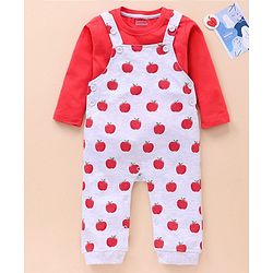 Babyhug Cotton Knit Full Sleeves Solid Tee & Apple Printed Dungaree - Red & Grey