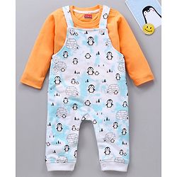 Babyhug Cotton Knit Full Sleeves Solid Tee & Igloo & Penguin Printed Dungaree - Orange & Light Blue