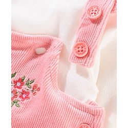 Babyhug 100% Cotton Dungaree With Full Sleeves T-Shirt Floral Embroidery - White & Pink
