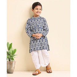 Babyhug Full Sleeves Kurta and Dhoti Set Block Print - Navy main image 0