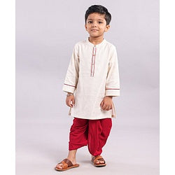 Babyhug Full Sleeves Woven Kurta & Dhoti Set Printed- Beige Maroon