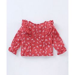 Babyhug Full Sleeves Printed Rayon Crinkle-Crepe Top With Ruffle Detailing- Red