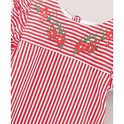 Babyhug 100% Cotton Printed Stripe Poplin Dress With Yoke Embroidery - Red