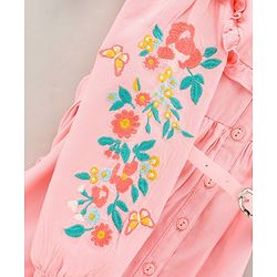 Babyhug Full Sleeves Floral Embroidery Dress With Belt - Pink