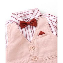 Babyhug Full Sleeves Striped Shirt With Attached Waistcoat & Trouser Set With Bow - Brown
