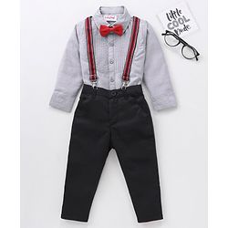 Babyhug Full Sleeves Pintucked Shirt & Trousers With Suspenders- Ash Grey