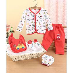 Babyhug Clothing Gift Set Car Theme Red & White - Pack of 5