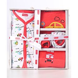 Babyhug Clothing Gift Set Car Theme Red & White - Pack of 5