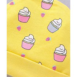 Babyhug 100% Cotton Cap Mittens & Booties Set Cupcakes Print Yellow - Circumference 33 cm