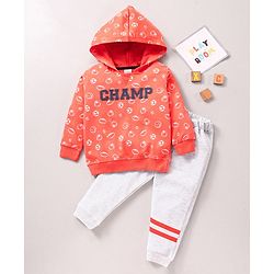 Babyhug 100% Cotton Hooded T-Shirt And Lounge Pant Football Print - Orange Ecru