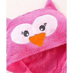 Babyhug Three Fourth Sleeves Woven Terry Hooded Bath Robe Owl Design - Pink
